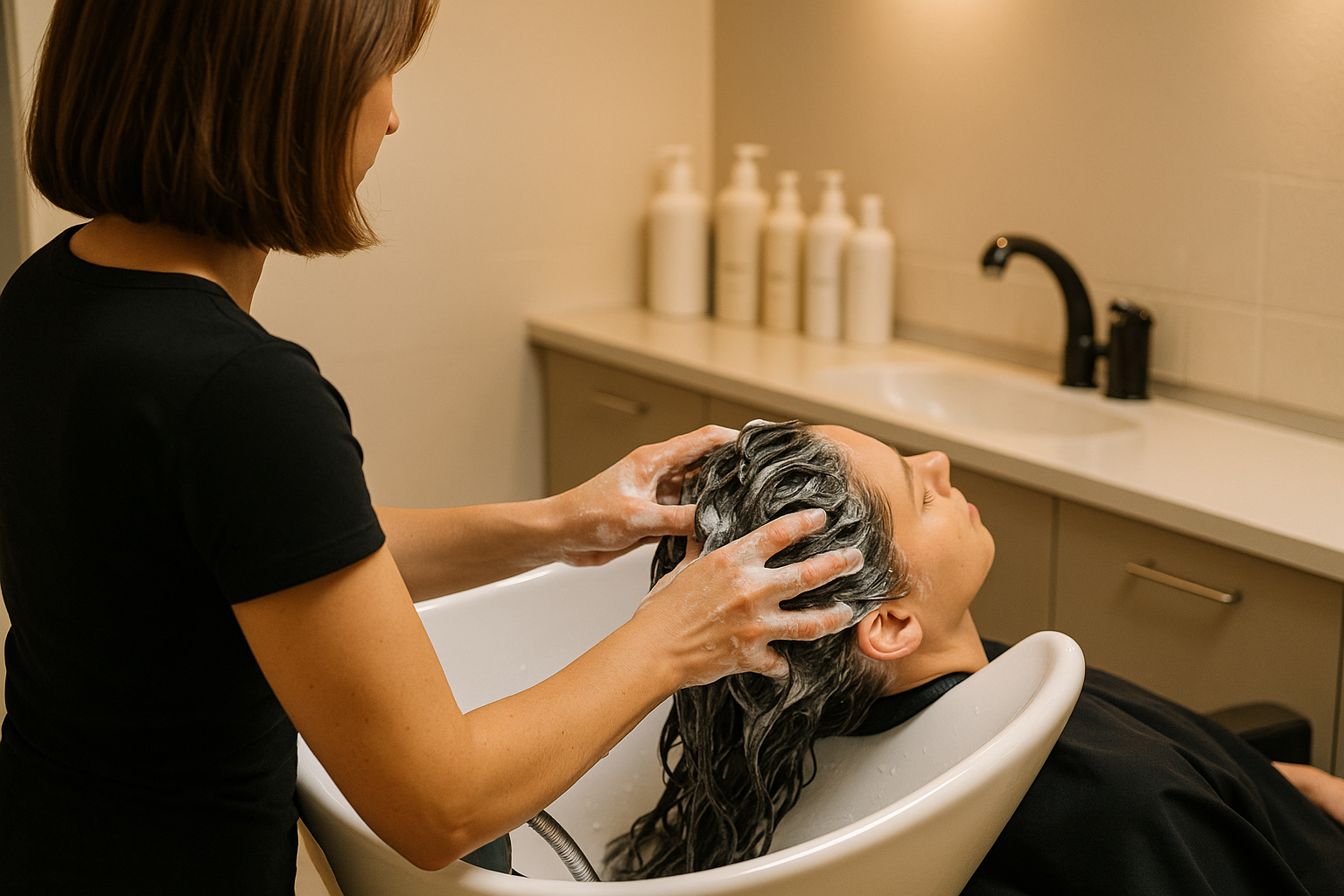 A FEMALE WASH HIS HAIR FROM BEHIND